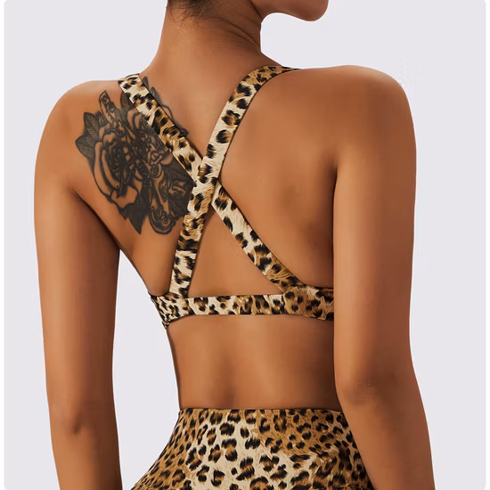 Leopard Print Sports Bra for Women, Criss-Cross Back Padded Strappy Sports Bras Medium Support Yoga Bra with Removable Cups