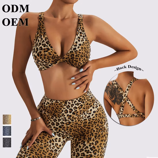 Leopard Print Sports Bra for Women, Criss-Cross Back Padded Strappy Sports Bras Medium Support Yoga Bra with Removable Cups